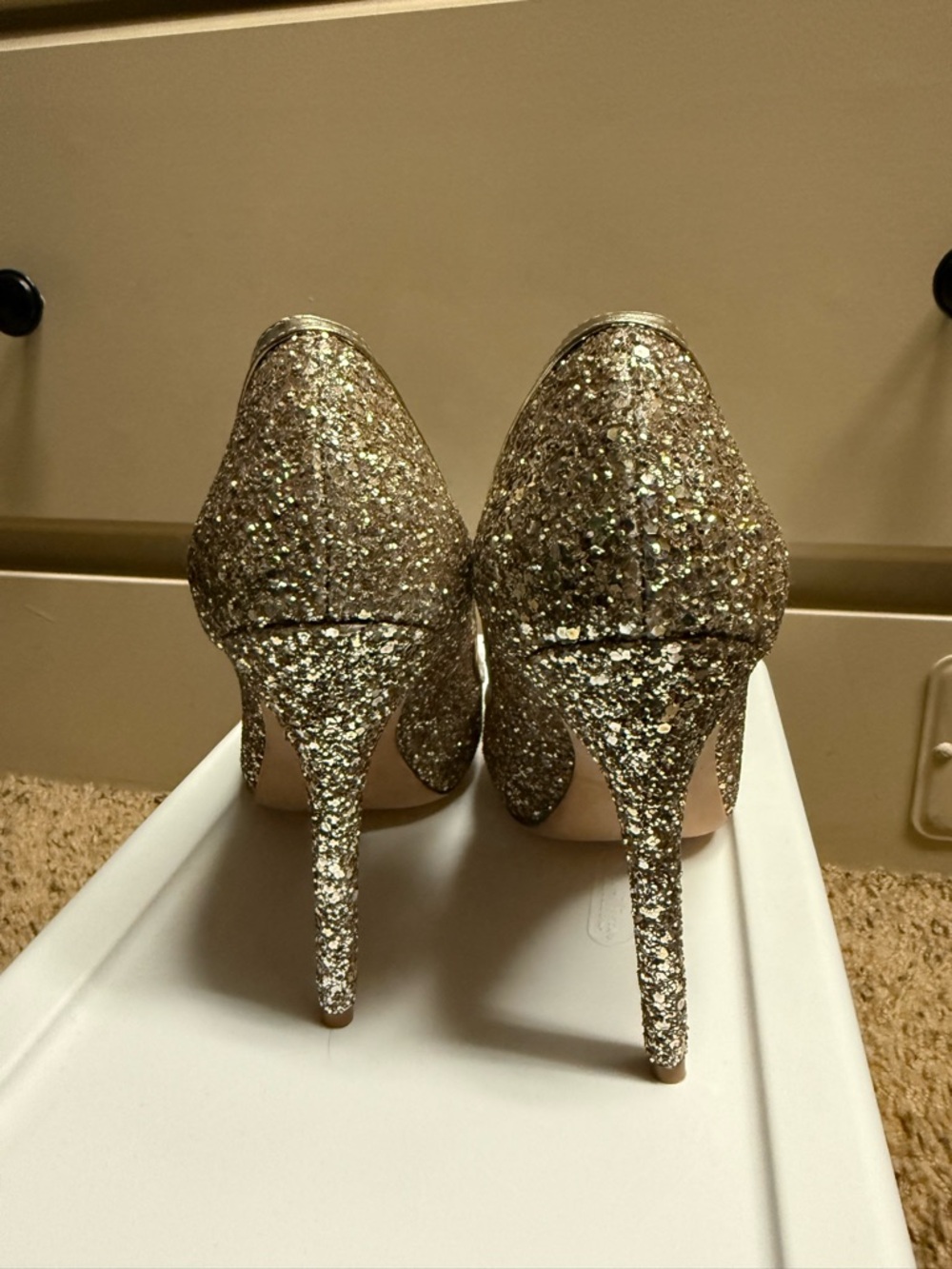 Badgley Mischka Rose Gold Glitter Peep-Toe Pumps with Crystal Accent - Picture 3 of 7